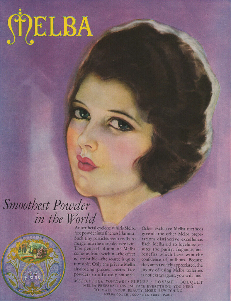 Melba 1920s makeup advertisement woman with dark hair and blue eyeslavender background