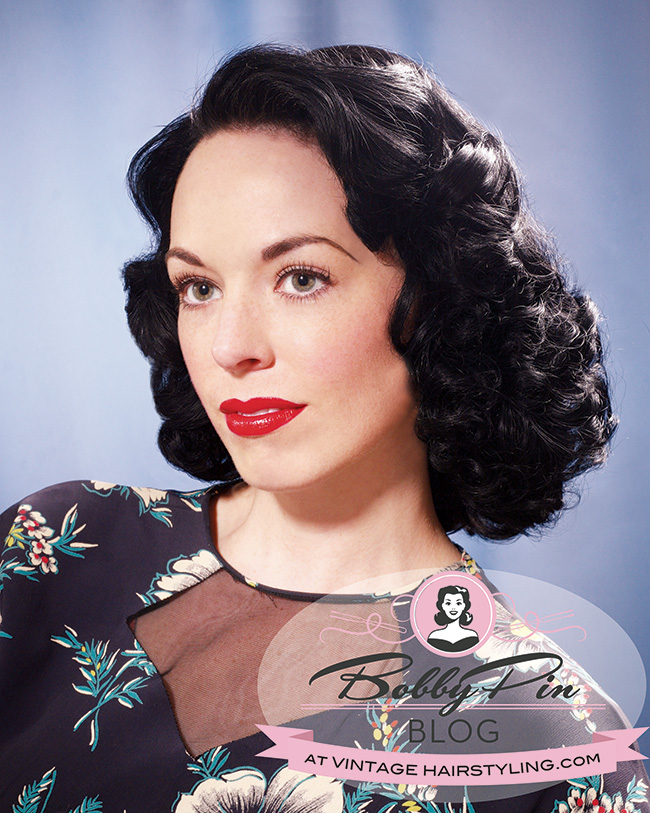 vintage 1940s hairstyle on woman created with wire mesh rollers