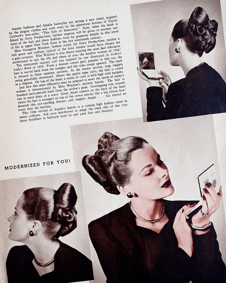 vintage bow updo hairstyle 1946 Modern Beauty Shop Magazine article 1940s hair