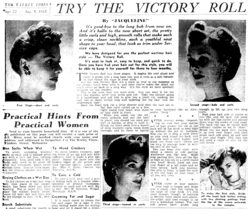 1940s newspaper article about victory roll hairstyle