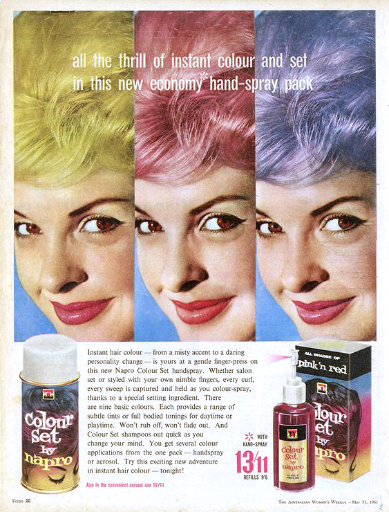 color hairspray advertisement with woman with pink and lavender hair