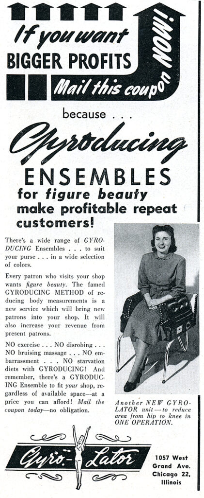 advertisement vibrating chair woman 1940s Gyroducing weight reducing invention