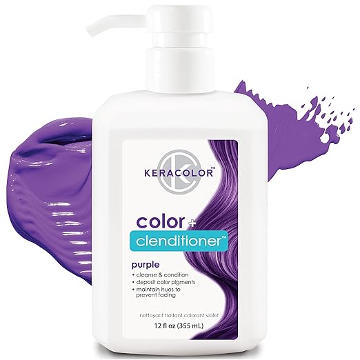 Bottle and swatch Keracolor Clenditioner purple