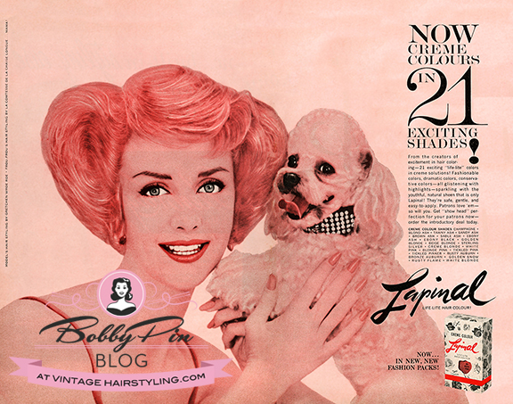 lapinal vintage 1950s pink haircolor advertisement with model and pink poodle