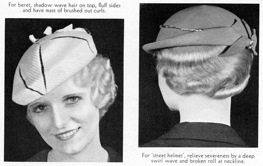 woman wearing beret hat and cloche hat with bob hairstyle 1930s