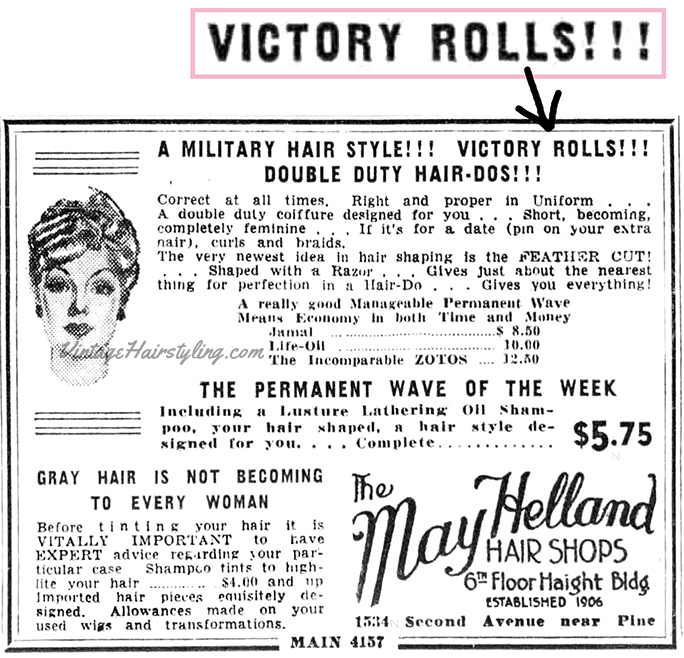 1940s newspaper advertisement mentions victory rolls wwii hairstyle