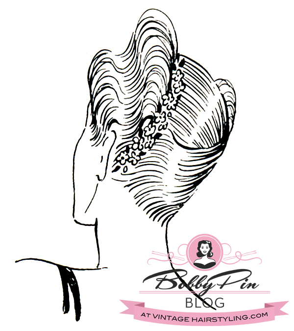 drawing 1940s vintage hairstyle with winding flowers hair accessory