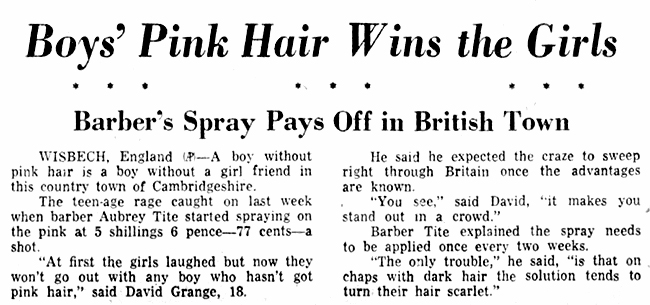 1960 newspaper article about pink hairspray for boys united kingdom 