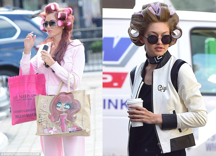 Amy Childs and Gigi Hadid in hair curlers rollers on the street in public