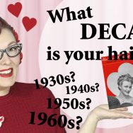 vintage valentine hearts hair magazine covers woman wearing red sweater and cat eye glasses pink curtain background