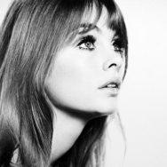 jean shrimpton 1960s bangs modeling in front of white background