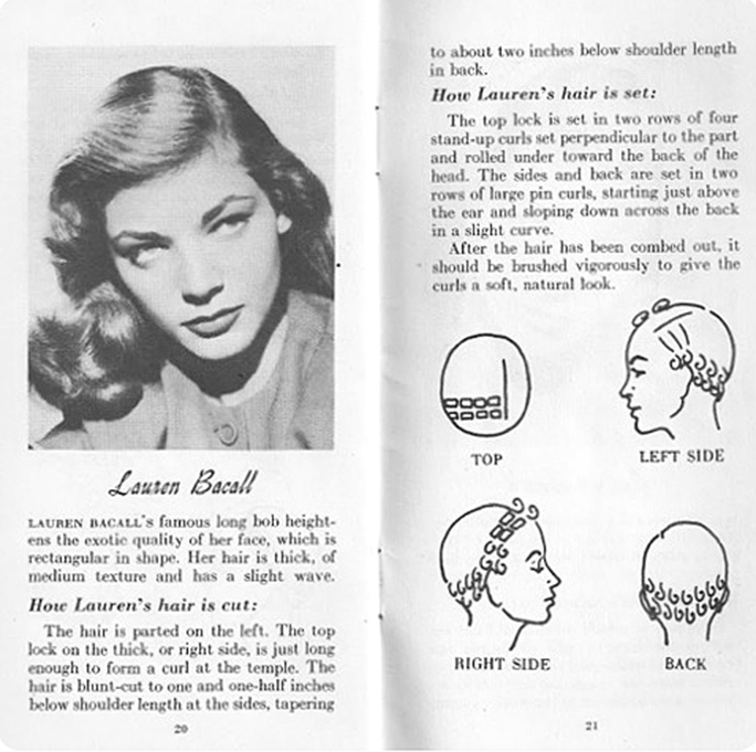 Lauren Bacall 1940s haircut hairstyle and curl setting pattern