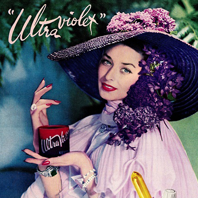 ultra violet 1940s makeup advertisement woman with purple hat and purple flowers in her hair