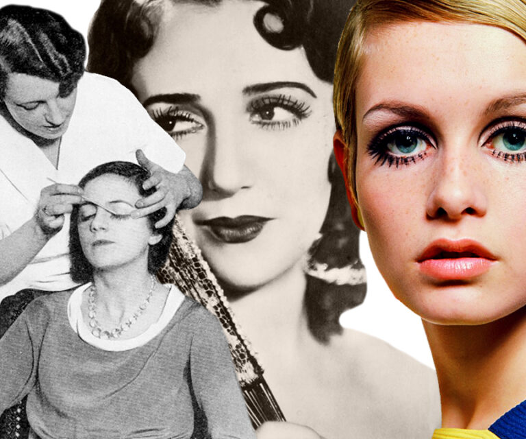 false eyelashes 1920s woman and 1960s twiggy wearing lashes